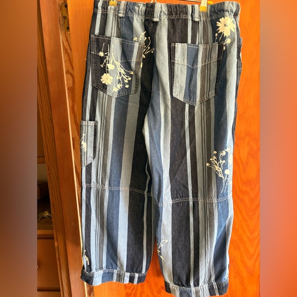 Free People Blue Striped Floral Embroidered Pants - Picture 4 of 11
